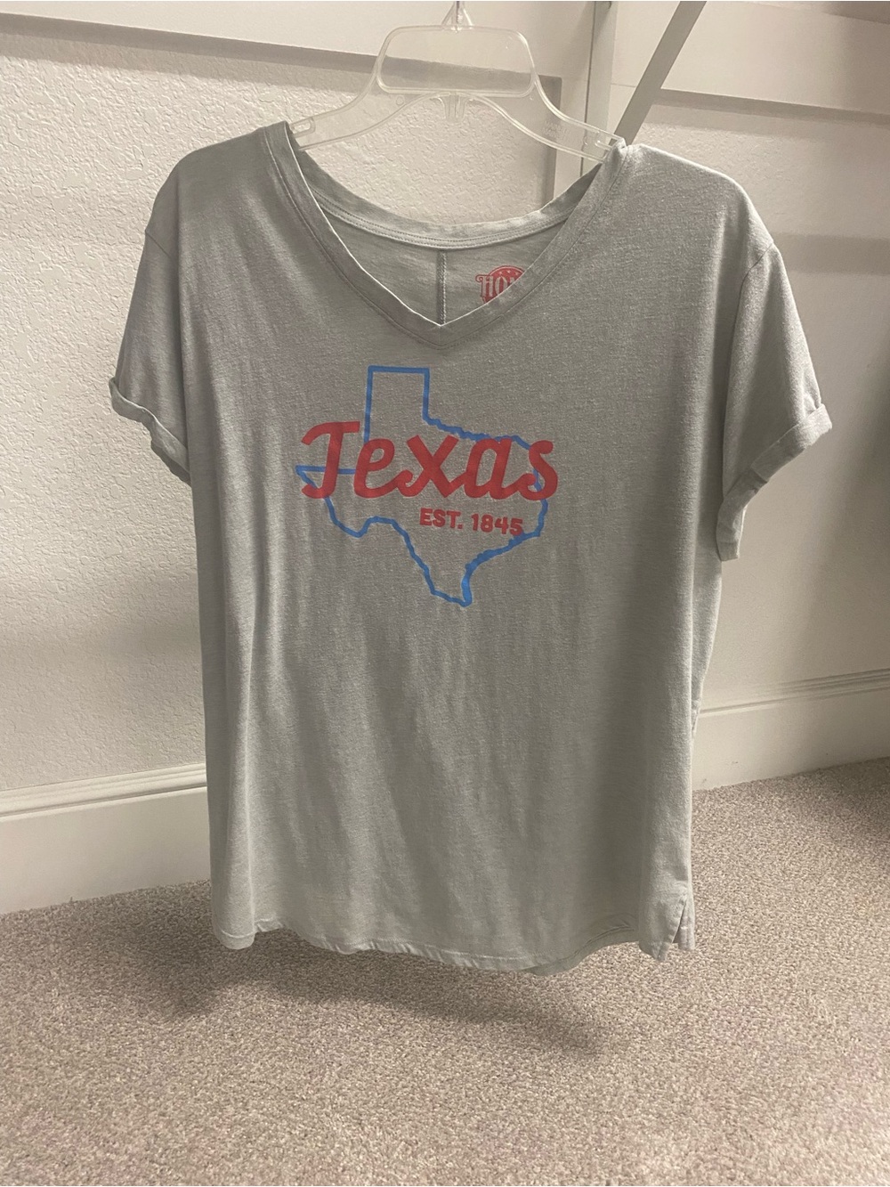 Home Free Gray V Neck Short Sleeve Tee w Red Texas 1845 Script and Blue Outline
